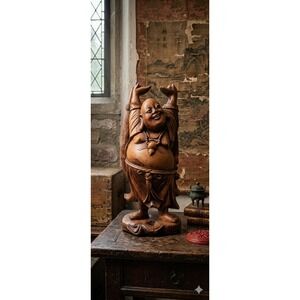 1940's Vintage Hand Carved Wood Laughing Buddha Statue Hotei Standing Figure